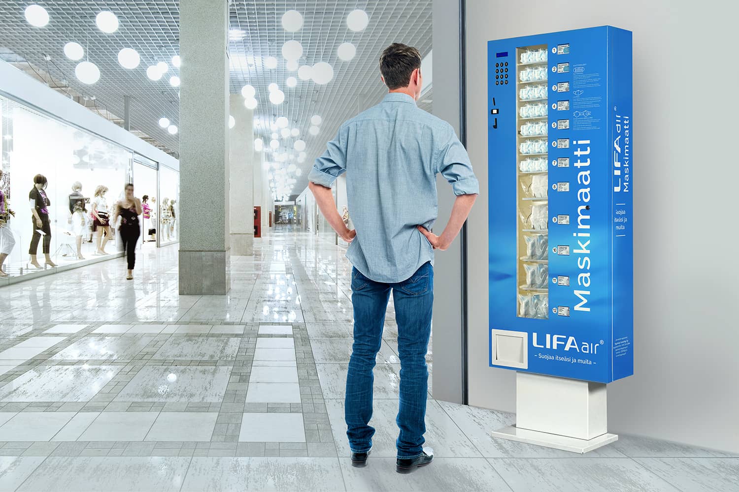 Lifa Air Maskimaatti mask vending machine in shopping centre